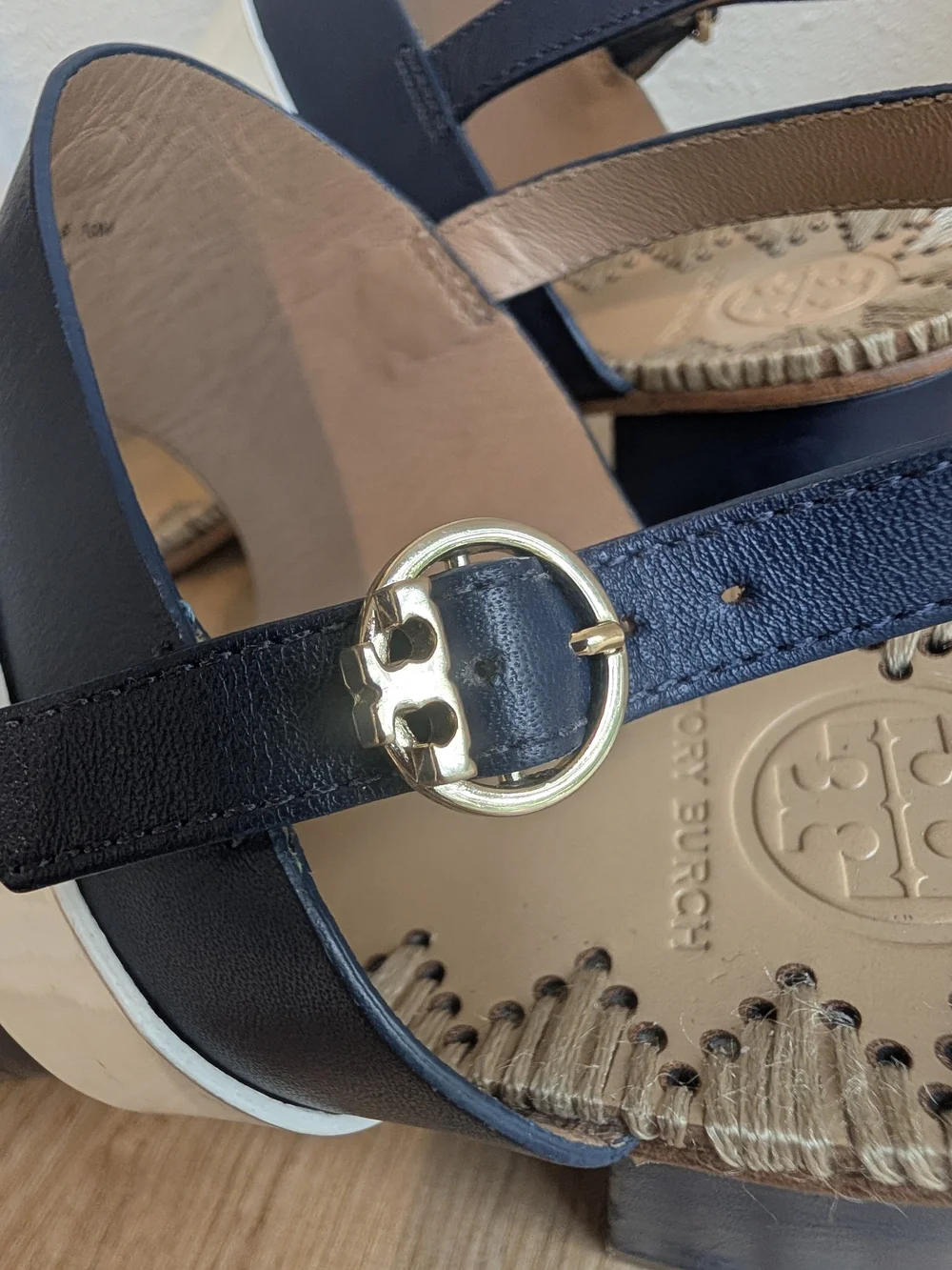Tory Burch Navy and White Floral Appliqué Block Heel Sandals